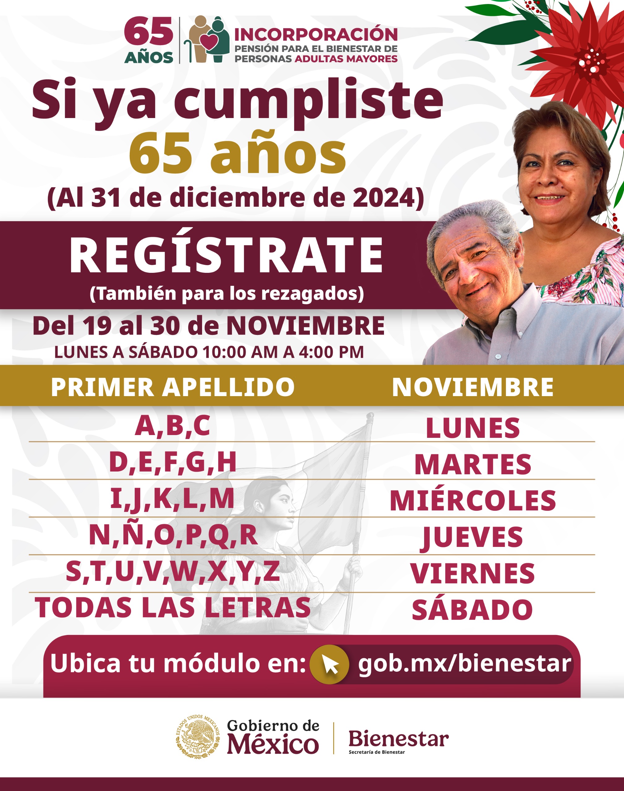 Del 19 al 30 de noviembre inicia registro a Pensión para el Bienestar de las Personas Adultas Mayores que cumplieron o cumplen 65 años o más al 31 de diciembre